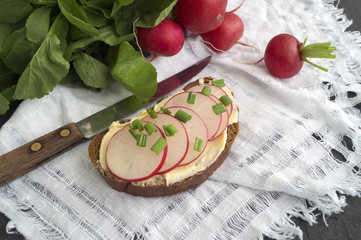 Rye bread with butter and radish. Healthy food.