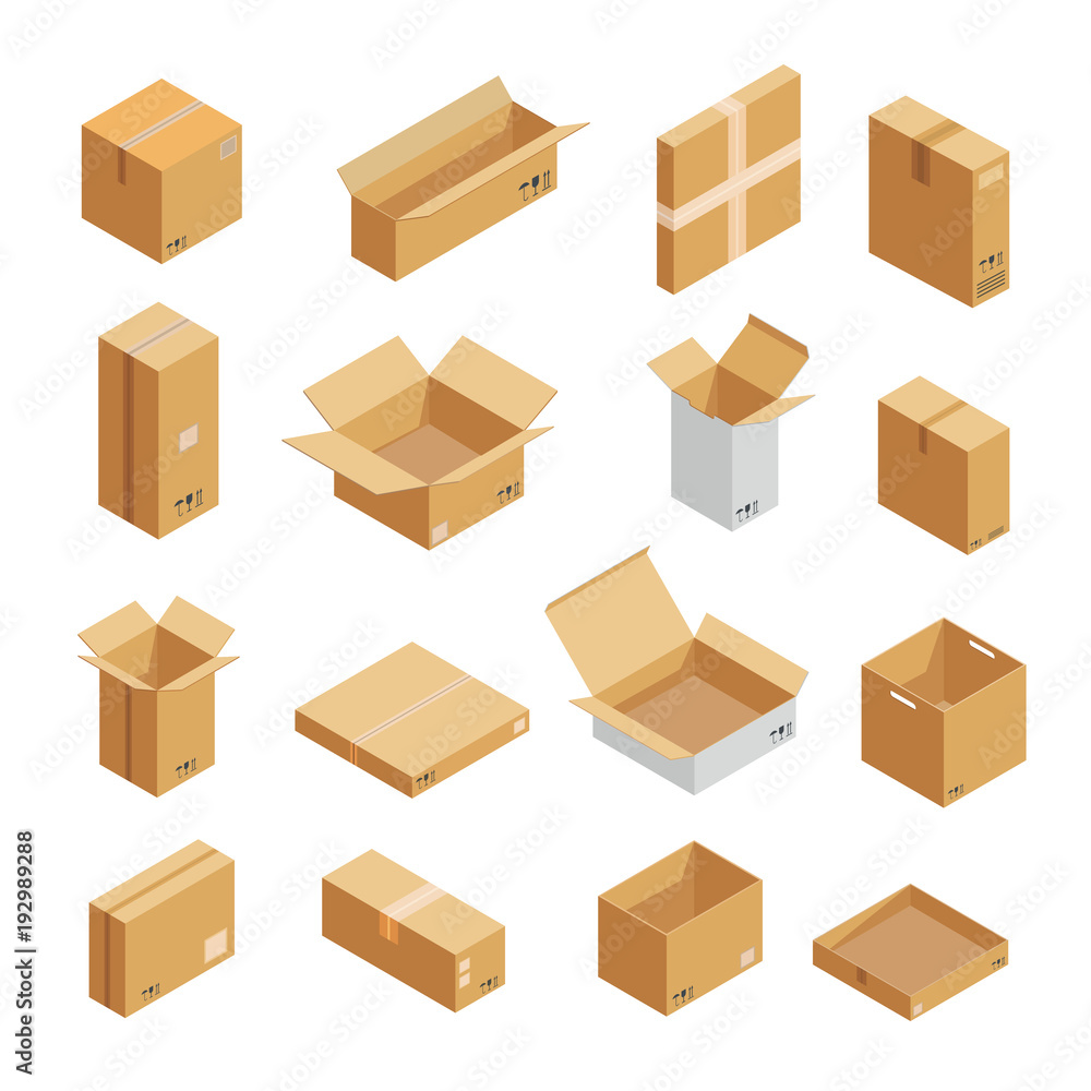 Poster parcel packaging box icons set. isometric illustration of 16 parcel packaging box vector icons for w