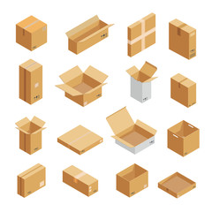 Parcel packaging box icons set. Isometric illustration of 16 parcel packaging box vector icons for web