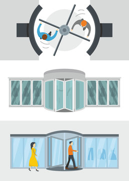 Revolving Door Banner Concept Set. Flat Illustration Of 3 Revolving Door Vector Banner Horizontal Concepts For Web