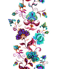 Ethnic eastern european floral frame - seamless border with stylized flowers. Watercolor