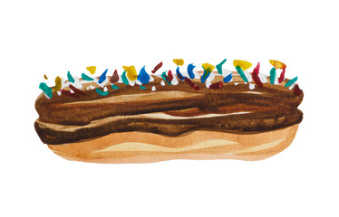 Watercolor stylized brewed cake with cream and crumbs of sweets, for compositions on the theme of sweets and food. It is possible to use as a separate element in a picture of an advertising nature.