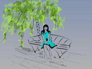 Beautiful girl pending sits on a bench under a birch with a mobile phone