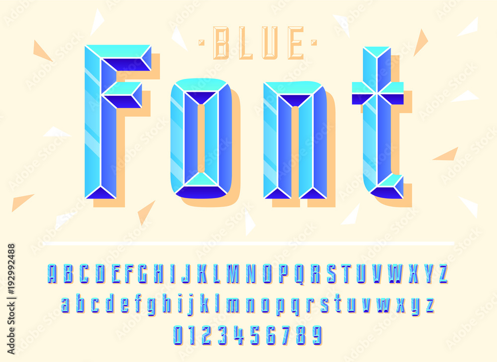 Poster stylish stylized blue font and alphabet with numbers, upper and lowercase letters.