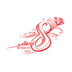 Symbol Eight with flower tulips. March 8. International Women's Day. Red handwritten vector template of card, poster, postcard, invitation.
