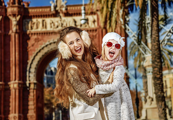 mother and daughter near Arc de Triomf in Barcelona, Spain