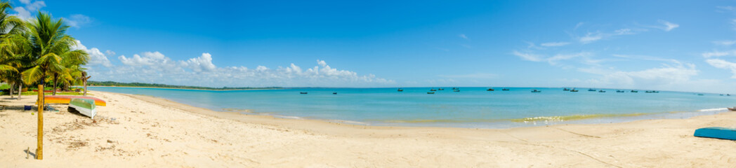 Fototapeta na wymiar Beautiful panorama of red crown beach in Porto Seguro in Brazil in Bahia, deserted, with some fishing boats, a coconut tree and an amazing blue ocean and sky. 