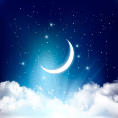 Naklejka na ściany i meble Night sky background with with crescent moon, clouds and stars. Vector