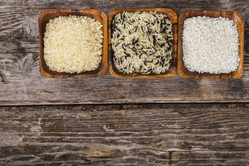 Three bowls with different varieties of rice