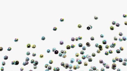 Sequins on white background. Holographic sequin. Rhinestones. 3d illustration. Fashion backdrop. Embroidery. Rainbow sparkles. Glitter. Digital image.