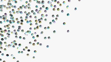 Sequins on white background. Holographic sequin. Rhinestones. 3d illustration. Fashion backdrop. Embroidery. Rainbow sparkles. Glitter. Digital image.