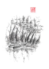 Japanese style sumi-e boat at riverbank ink painting.