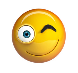 Winking emoji. Smiling winking face emoticon. 3d rendering isolated on white background.