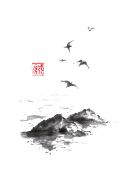 Flying sea gulls and rocks Japanese style original sumi-e ink painting.