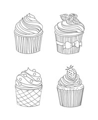 Set of 4 hand drawn cupcakes on white background. Elements for design.