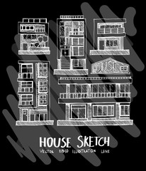 House doodle illustration wallpaper background line sketch style set on chalkboard