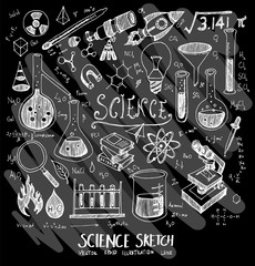 Science doodle illustration wallpaper background line sketch style set on chalkboard eps10