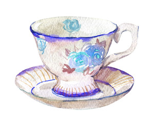 Cup and saucer, isolated on white background watercolor illustration 
