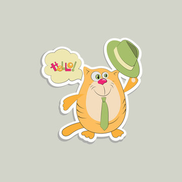 Hello! Sticker with a greeting from a cat with a hat. Design for mobile messaging, scrapbooking, for printing on clothes or dishes.