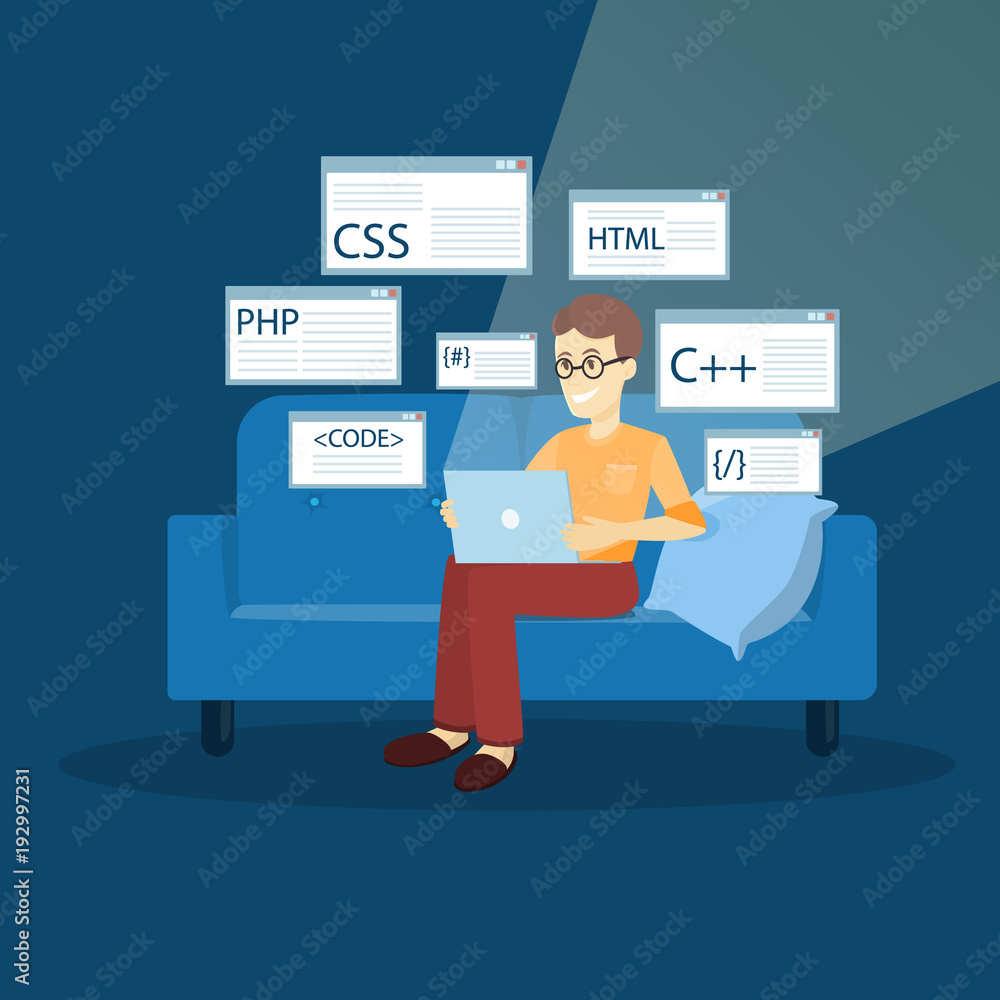 Poster man programmer with laptop.
