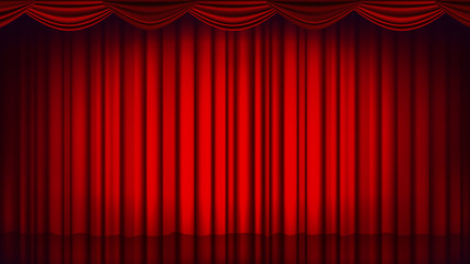 Red Theater Curtain Vector. Theater, Opera Or Cinema Empty Silk Stage, Red Scene. Realistic Illustration