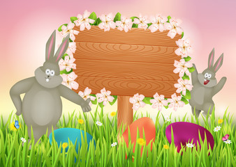 Easter background with rabbits and wooden sign.