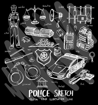 Police doodle illustration wallpaper background line sketch style set on chalkboard eps10