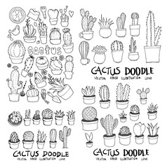 Cactus doodle illustration wallpaper background line sketch style set on chalkboard eps10