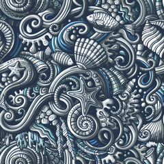 Cartoon doodles under water life seamless pattern