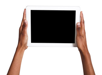 Black woman holding digital tablet isolated