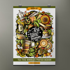 Cartoon vector hand drawn doodles Tea poster template. Very detailed, with lots of objects illustration.