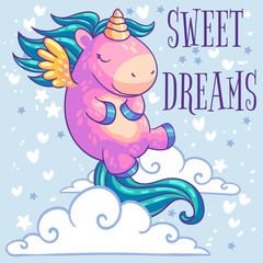Little pink unicorn pony with wings sleeping in the clouds. Cartoon character. It can be used for sticker, patch, phone case, poster, t-shirt, mug and other design.