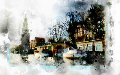 city life in watercolor style, Netherlands