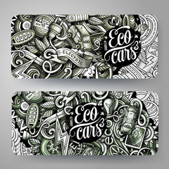 Cartoon graphics vector hand drawn doodles electric cars horizontal banners