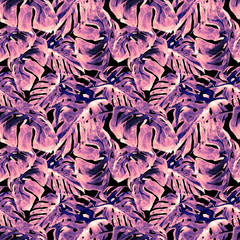 Watercolor Seamless Pattern. Hand Painted Illustration of Tropical Leaves and Flowers. Tropic Summer Motif with Liana Pattern.