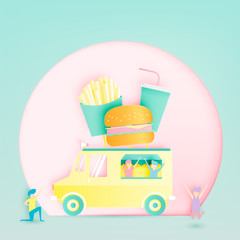 Hamburger food truck in paper art digital craft style and pastel color scheme