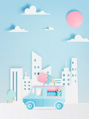 Ice cream food truck in paper art digital craft style and pastel color scheme