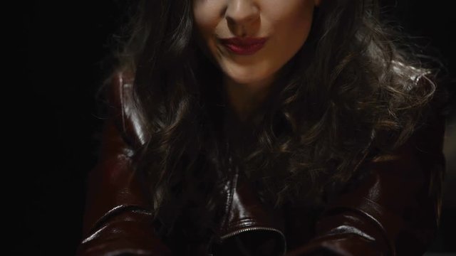 Attractive brunette showing seductive gestures, body language tricks, close up