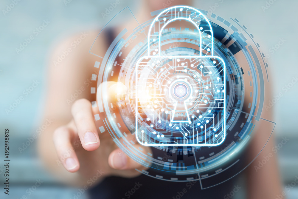 Poster businesswoman hacking security system 3d rendering