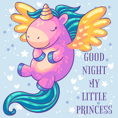 Little pink unicorn pony with wings sleeping. Cartoon character. It can be used for sticker, patch, phone case, poster, t-shirt, mug and other design.