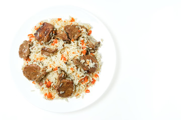 Pilaf with lamb, copy space, flat view