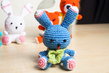knitted toy cat, bear, rabbit, hare, handmade
