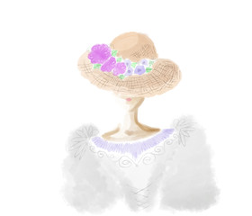 Colorful hand drawn abstract portrait of lady with pink flower hat as fashion symbols on white background, isolated silhouette illustration painted by watercolor and pen, high quality