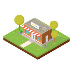 Online store building. Isometric view style vector illustration. Tree and bushes with flowerbed near modern store. Trendy isometric vector.