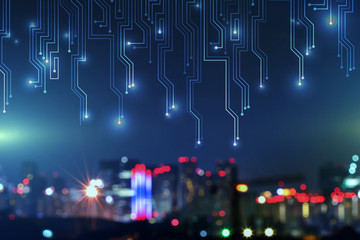 Cityscape and business technology graphic design background. Mixed media