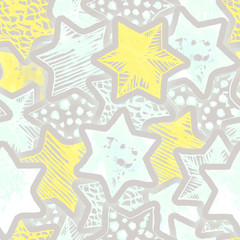 Magic watercolor stars confetti seamless pattern. Christmas, new year, birthday and other holidays background. Baby design print. Good for wallpaper, fabric, wrapping, packaging, cards, posters, web.