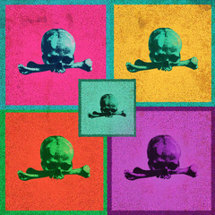 a collage of skulls of different colors in the style of pop art