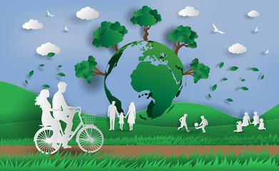Naklejka premium Paper art style of landscape with eco green city, people enjoy fresh air in the park, save the planet and energy concept, flat-style vector illustration.