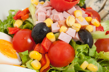 Close up of vegetables salad with ham and eggs