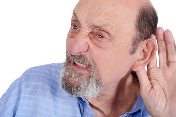 Obraz premium Portrait of deaf old man trying to listen